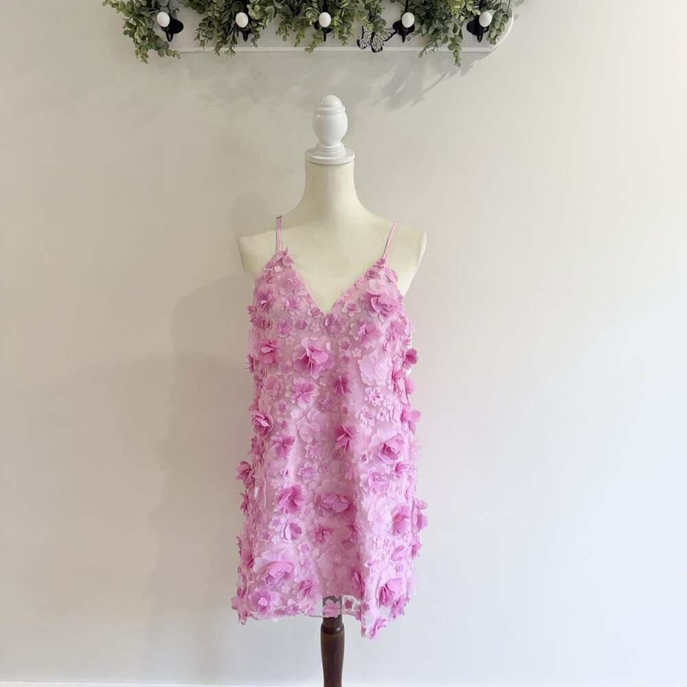 New Petal & Pup Freya Floral Appliqué Pink Mini Dress Small homecoming party H53